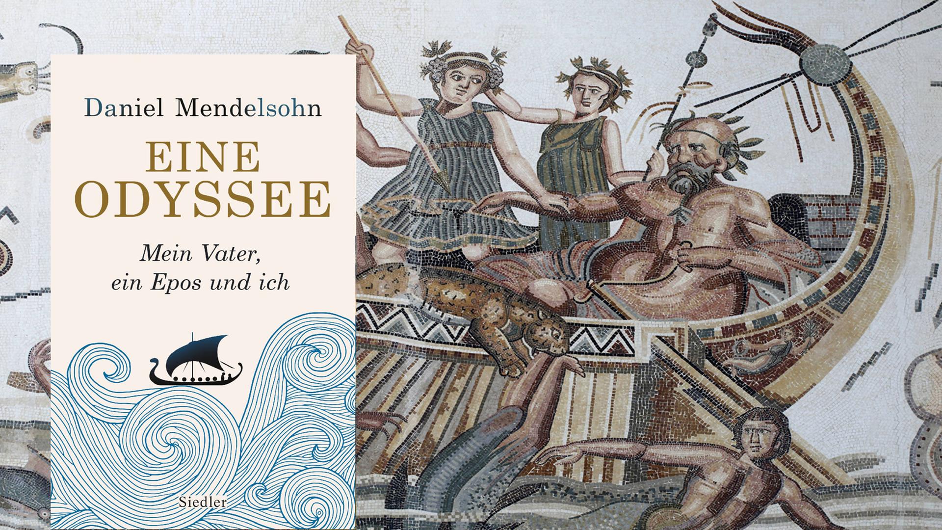 Das Cover von Mendelsohns Buch mit dem Schiff von Odysseus. Im Hintergrund befindet sich ein Bild mit einem Schiff mit Odysseus.