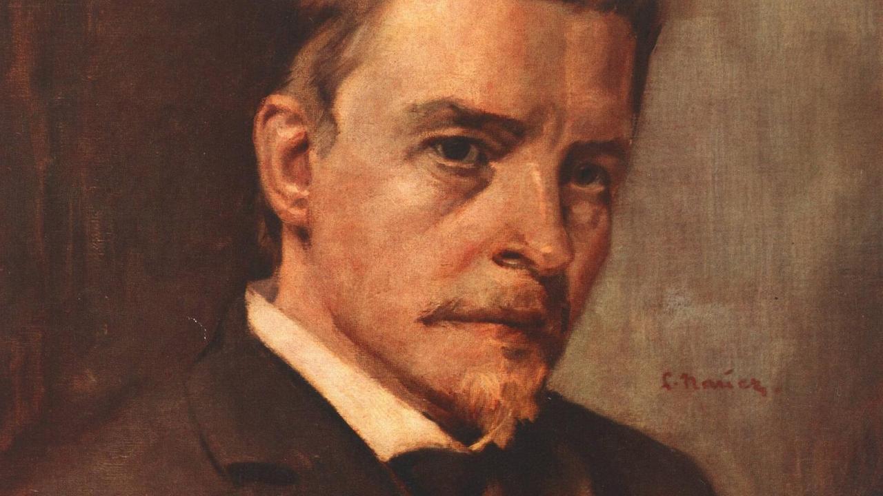 Gemälde von Hugo Wolf. Das Bild ist bräunlichen Tönen gehalten, Wolf trägt ein braunes Sakko und Tuch.