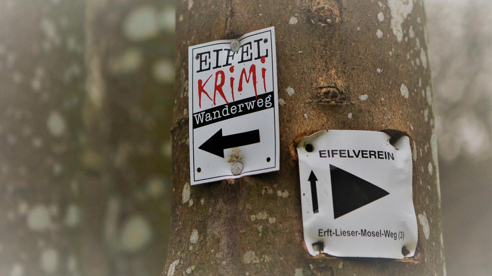 Hinweis an einem Baum Eifelkrimi Wanderweg und Eifelverein Erft Liesser Mosel Weg. Der Eifelkrimi-Wanderweg verbindet 11 Schauplätze miteinander, wobei er in zwei Routen von 18 und 20 km Länge aufgeteilt ist. Wanderung bei Kerpen ( Vulkaneifel )