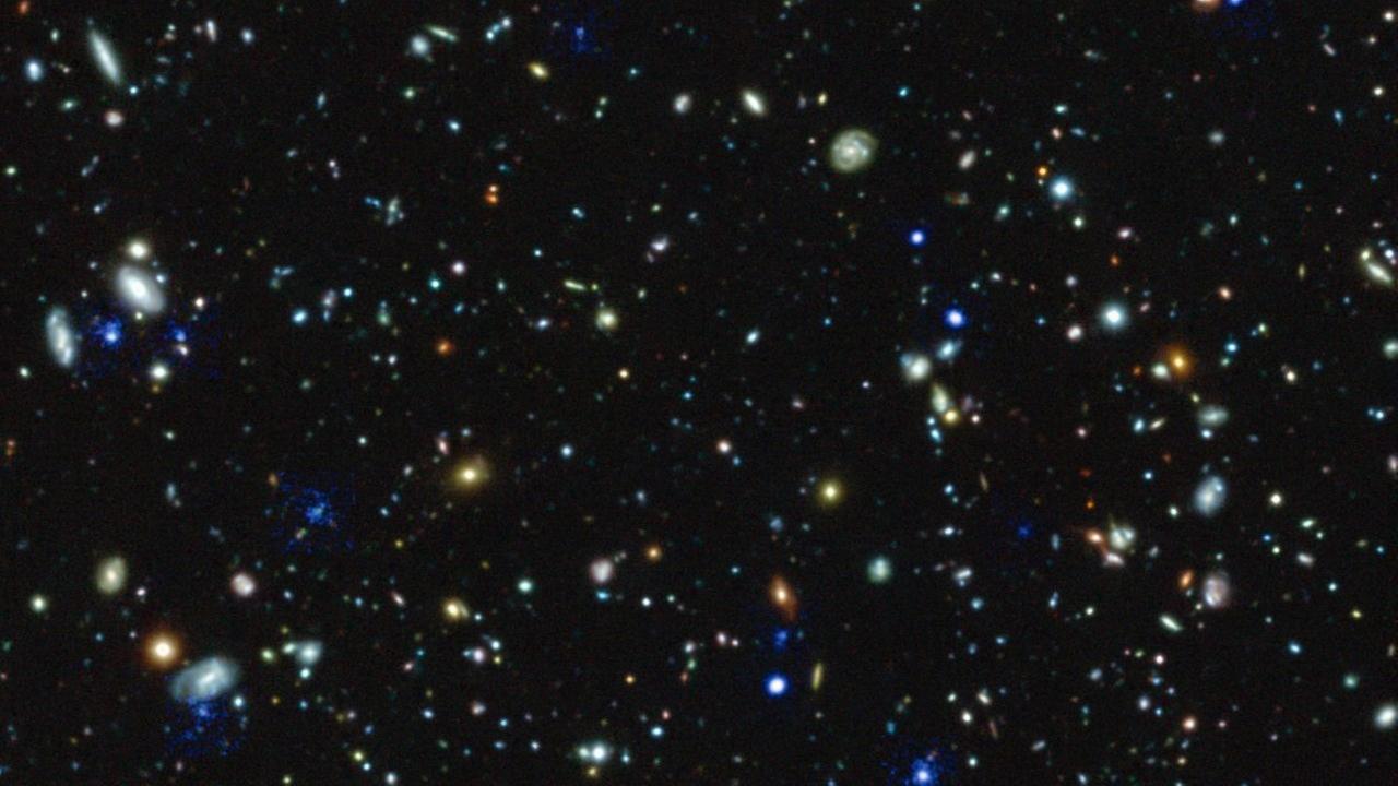 Galaxien über Galaxien: Blau hervorgehoben sind die Objekte, die von glühenden Halos umgeben sind und jetzt von MUSE beobachtet wurden