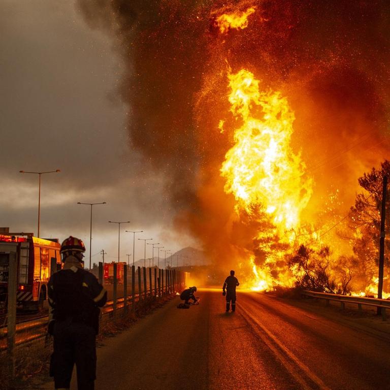 Feuerwehrleute bekämpfen einen Waldbrand in einem Waldgebiet nördlich von Athen. 