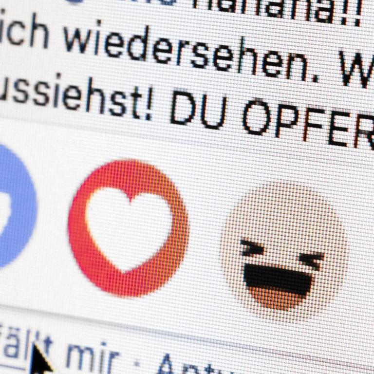Symbolfoto Hass im Internet: Neben dem "Gefaellt-mir-Button" von facebook sind die Worte "Du Opfer" zu lesen