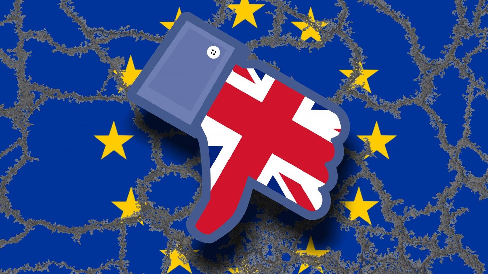 Symbolbild zum Brexit: Eine erodierende Flagge der Europäischen Union mit einem Facebook-Dislike in der Mitte