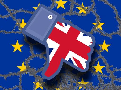 Symbolbild zum Brexit: Eine erodierende Flagge der Europäischen Union mit einem Facebook-Dislike in der Mitte