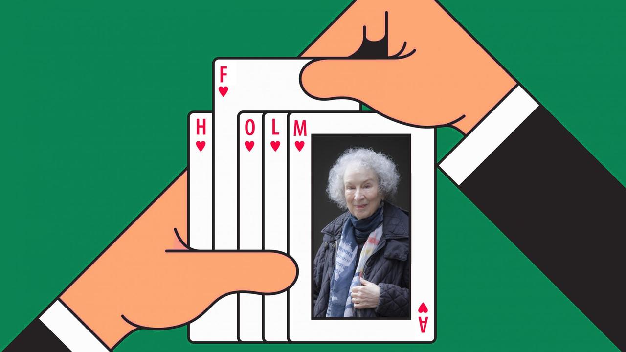 Illustration zweier Hände beim Pokerspielen, auf einer Spielkarte ein Porträt von Margaret Atwood und ihre Initialien.