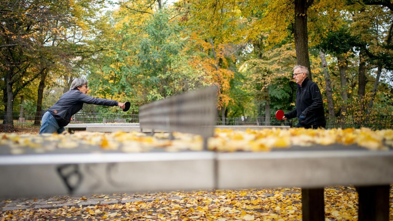 Besucher des Volksparks Wilmersdorf spielen zwischen heruntergefallenem Herbstlaub und bunt gefärbten Bäumen Tischtennis.