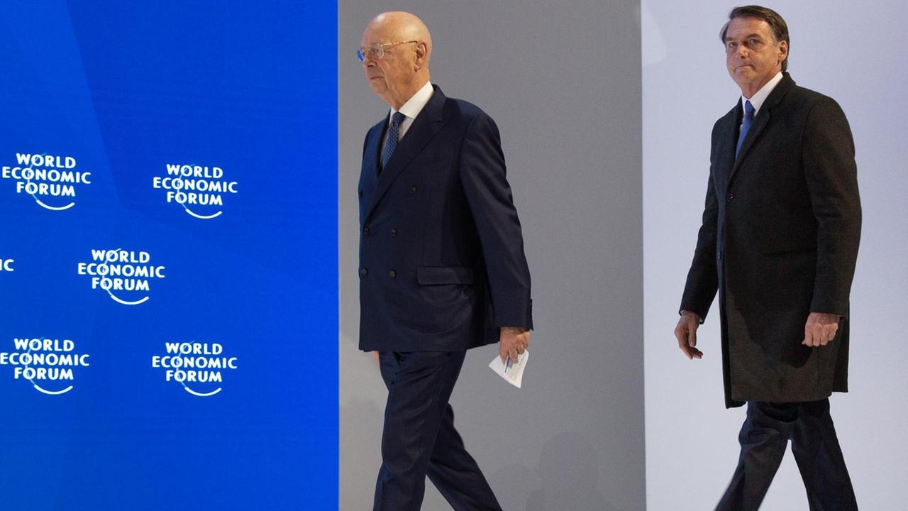 Jair Bolsonaro, President of Brazil and Klaus Schwab, Founder and Executive Chairman, World Economic Forum during the Session: “Special Address by Jair Bolsonaro, President of Brazil“ at the Annual Meeting 2019 of the World Economic Forum in Davos, January 22, 2018. Congress Centre – Congress Hall Copyright by World Economic Forum / Christian Clavadetscher