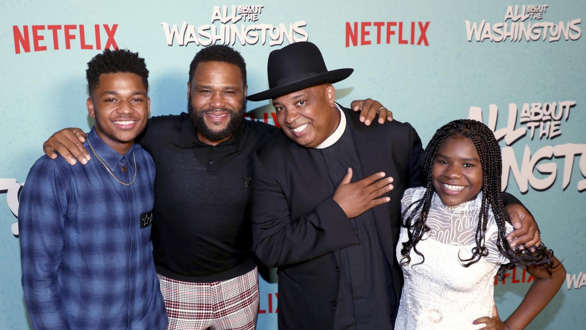 Anthony Anderson, Nathan Anderson, Joseph Simmons und Trinitee Stokes bei der Netflix Premieren-Party von "All About the Washingtons"