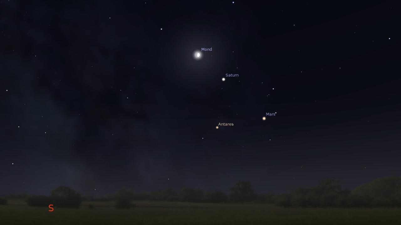 Mond, Saturn, Mars und Antares heute Abend am Südwesthimmel