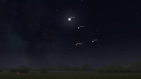 Mond, Saturn, Mars und Antares heute Abend am Südwesthimmel