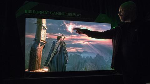 Das Nvidia Big Format Gaming Display hängt am 08.01.2018 auf der Consumer Electronics Show (CES) in Las Vegas (USA) bei einer Präsentation von Nvidia über einem Schrank.