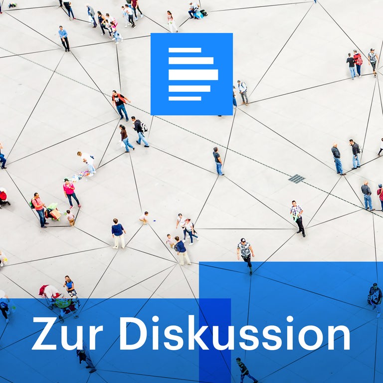 Das Bild zeigt das Logo der Sendung "Zur Diskussion". Es zeigt verschiedene Menschen aus der Vogelperspektive, sie sind miteinander verbunden durch ein Netz von Linien auf dem hellen Boden. Darüber sind halbtransparente blaue Rechtecke zu sehen.