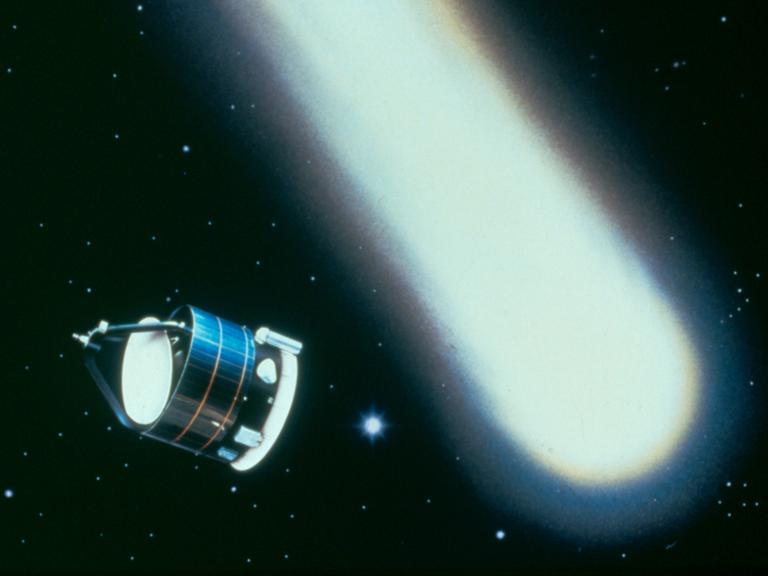 Künstlerische Darstellung der Begegnung der ESA-Raumsonde Giotto mit dem Kometen Halley am 14. März 1986