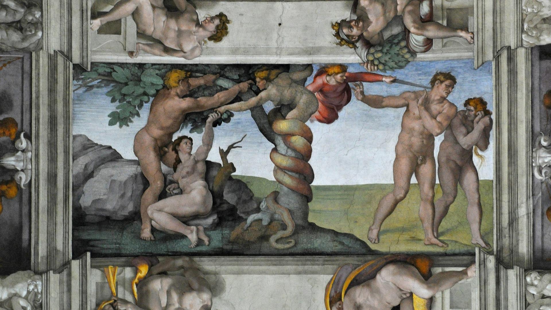Deckenmalerei "Sündenfall und Vertreibung aus dem Paradies" von Michelangelo in der Sixtinischen Kapelle in Rom