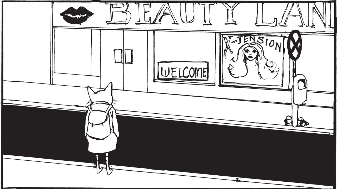 Panel aus "Katze hasst Welt" - Katze steht vor einem Schönheitssalon (Bild: Kathrin Klingner / Reprodukt)