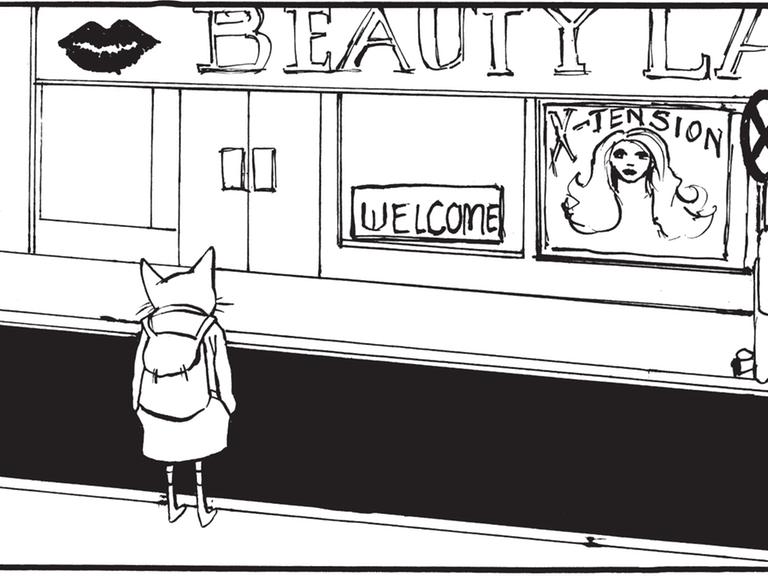 Panel aus "Katze hasst Welt" - Katze steht vor einem Schönheitssalon (Bild: Kathrin Klingner / Reprodukt)