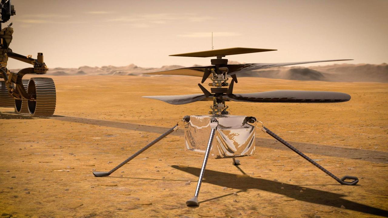 Modell des Mars Helicopters. Er soll zusammen mit dem Rover "Perseverance" den Mars erkunden.