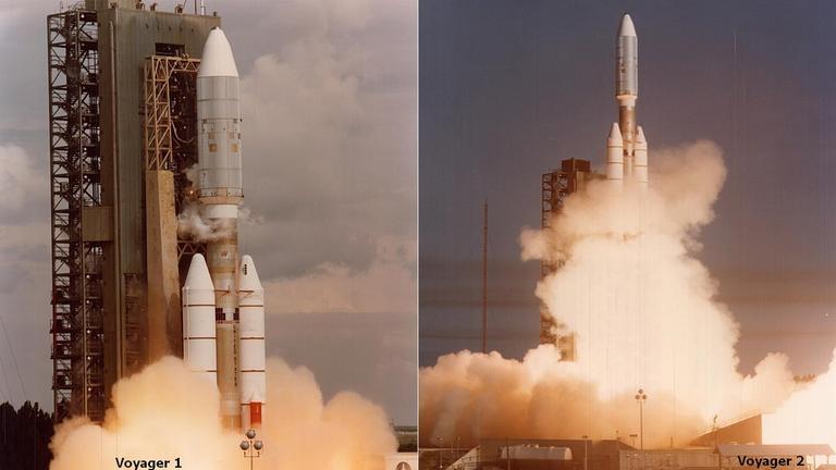 Die beiden Voyager-Sonden zu Jupiter und Saturn starteten in umgekehrter Reihenfolge jeweils mit einer Titan-IIIE-Centaur-Rakete