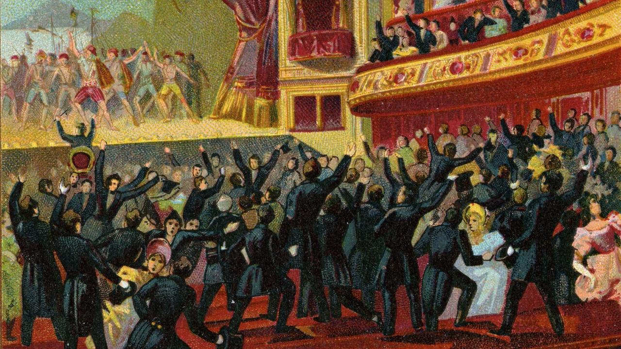 Auf einem Sammelbild um 1900 ist die Szene im Opernhaus dargestellt, bei dem das Publikum die kämpferischen Gesten der Darsteller übernehmen und aufgesprungen sind.