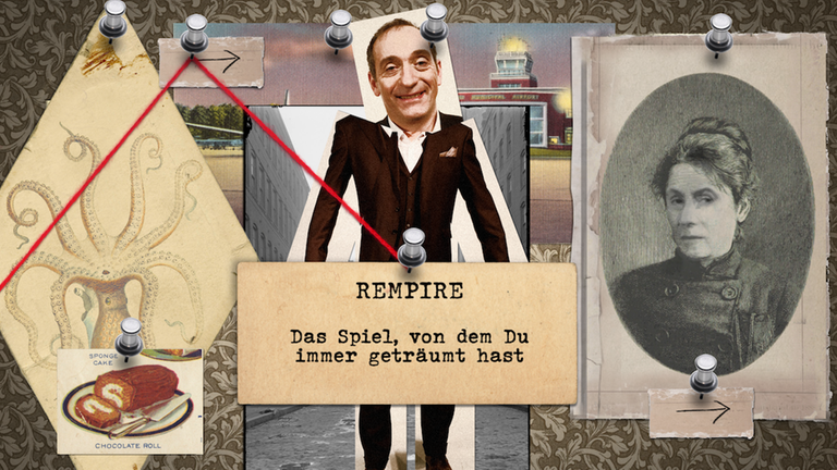 Ein Blick auf die Oberfläche des Games "Rempire" mit Portraitfotos, Reißzwecken und Textkarten