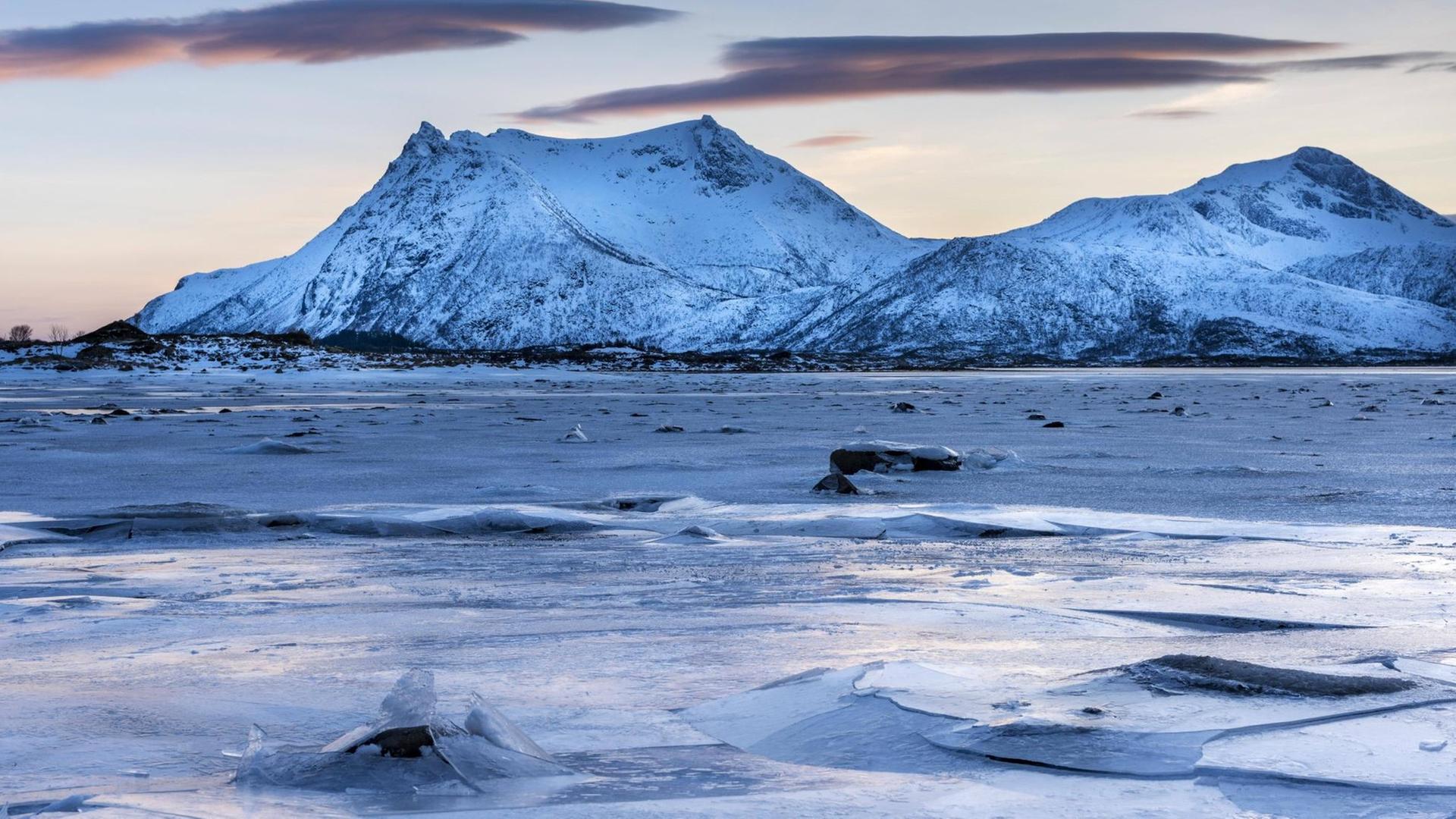 Vereiste Küste zur Abenddämmerung, Gimsoy, Lofoten, Norwegen, Europa