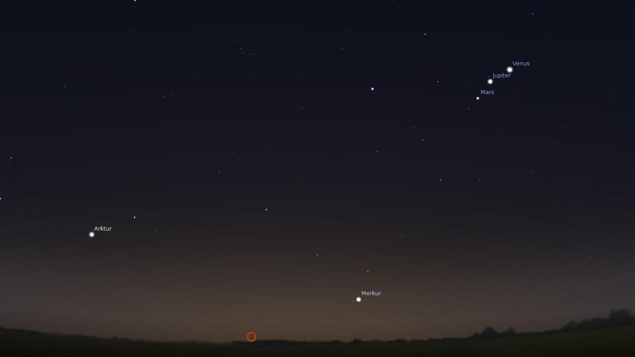 Am Morgenhimmel zeigen sich die Planeten Venus, Jupiter, Mars und Merkur.