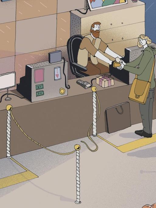 Illustration von einem Schalter, an dem alle Menschen in der Schlange für den menschlichen Mitarbeiter stehen und niemand zu dem Roboter-Mitarbeiter gehen will.