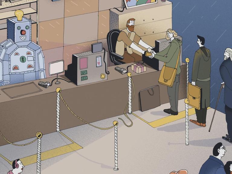 Illustration von einem Schalter, an dem alle Menschen in der Schlange für den menschlichen Mitarbeiter stehen und niemand zu dem Roboter-Mitarbeiter gehen will.