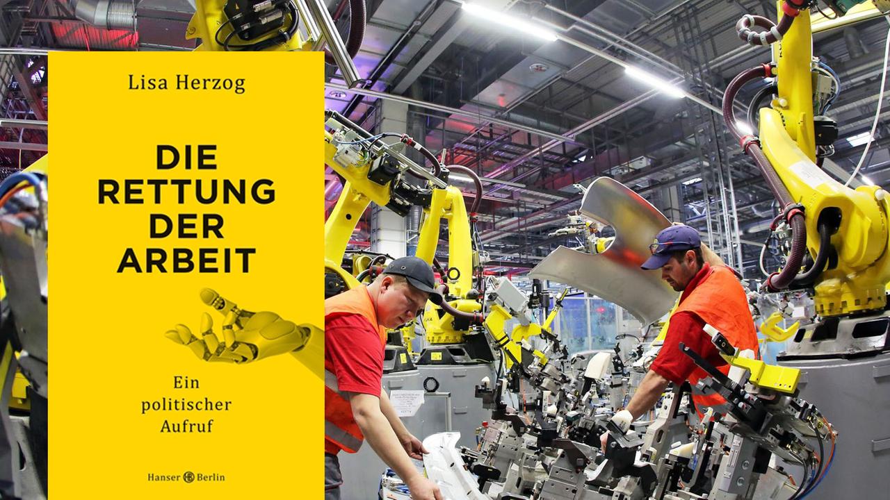 Im Vordergrund das Cover von "Die Rettung der Arbeit". Im Hintergrund Mechaniker, die einen Roboter installieren.