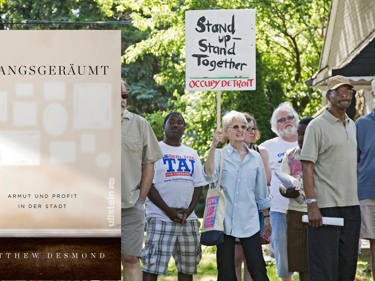 Collage aus dem Buchcover von Matthew Desmonds "Zwangsgeräumt" und einem Anwohnerprotest bei einer Zwangsräumung in Detroit