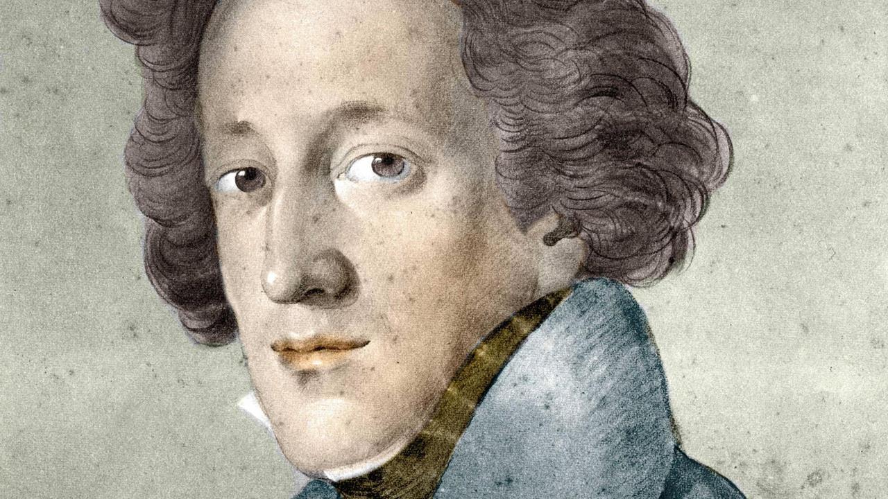 Porträt von Felix Mendelssohn Bartholdy mit großem welligen Haar und direktem Blick zum Betrachter in einer Illustration von Johann Joseph Schmeller.
