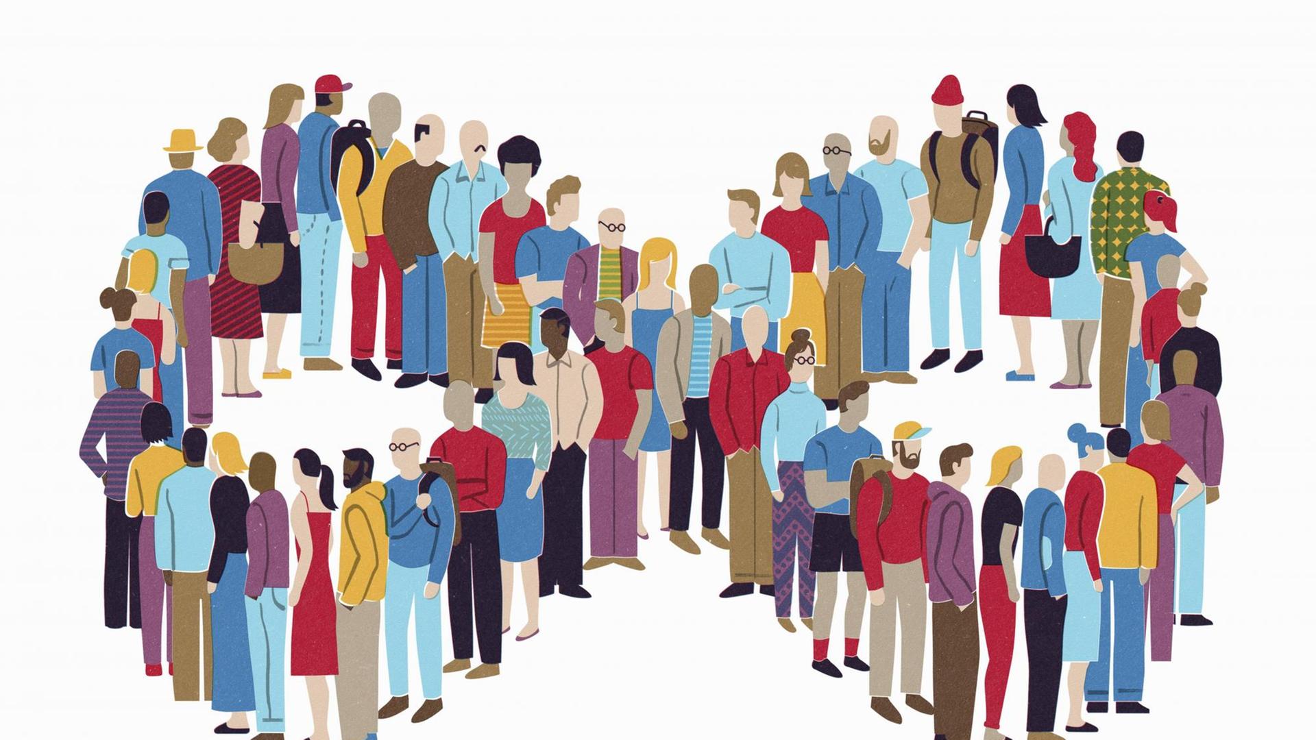 Illustration von Menschen in einer Schlange, die das Zeichen für Unendlichkeit bildet.