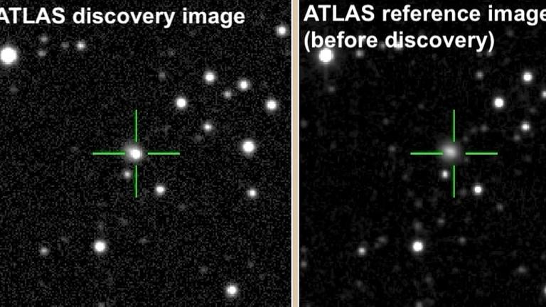 Heller Lichtpunkt am Rande einer Galaxien: Das Entdeckungsfoto der Supernova AT2018cow und derselbe Himmelsausschnitt einige Zeit zuvor 