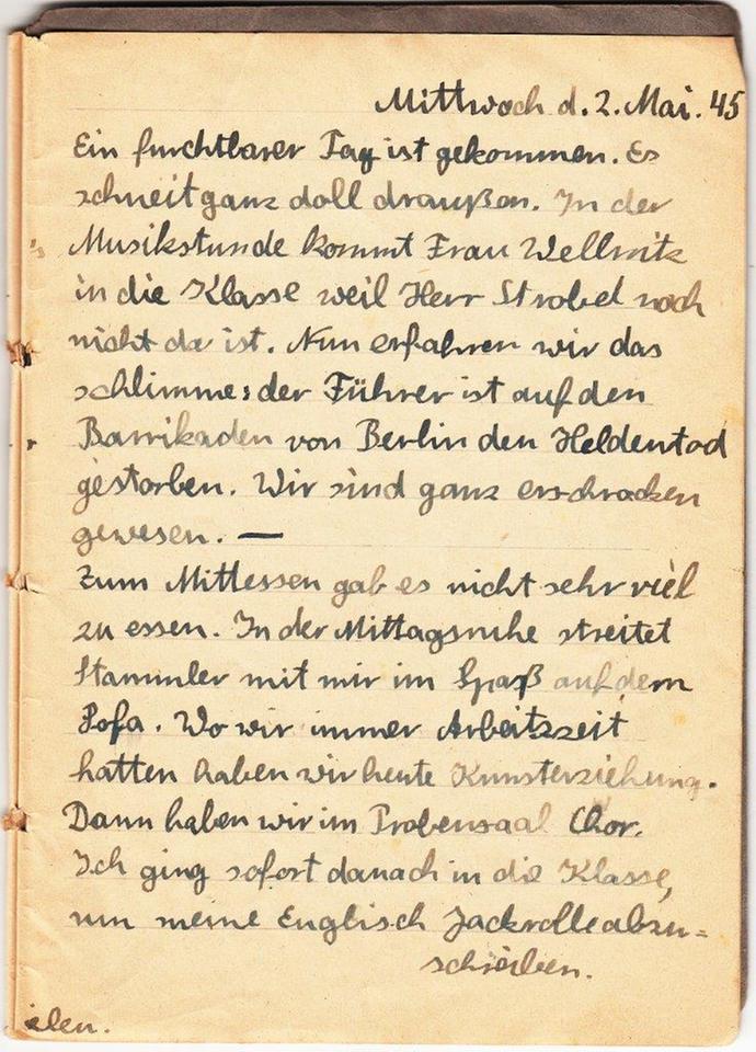 Eine Seite aus dem Tagebuch von Ulrich Gerhardt vom 2. Mai 1945