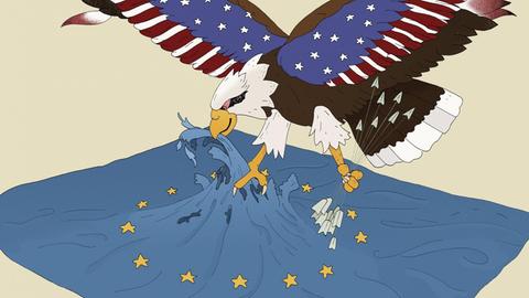 Transatlantische Rechtsstaatlichkeit? Adler der Vereinigten Staaten greift die Flagge der Europäischen Union an.