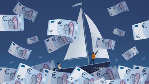 Grafik: Ein Paar segelt auf stürmischem Euro-Notenmeer.
