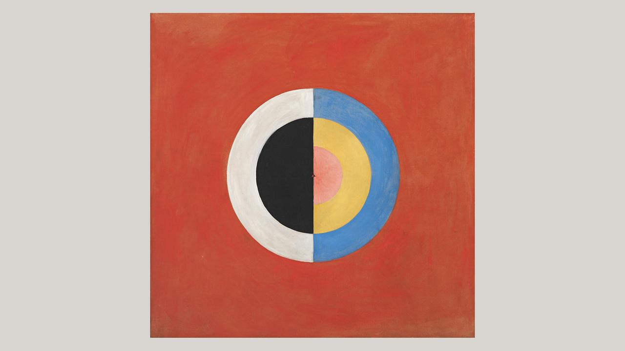 Abstraktes quadratisches Gemälde mit Kreis- und Halbkreiselementen, mit rotem Hintergrund.