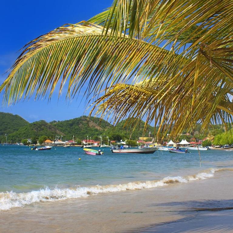 Ein Strand auf Guadeloupe in der Karibik. Die Insel gehört zu den französischen Überseedepartements.