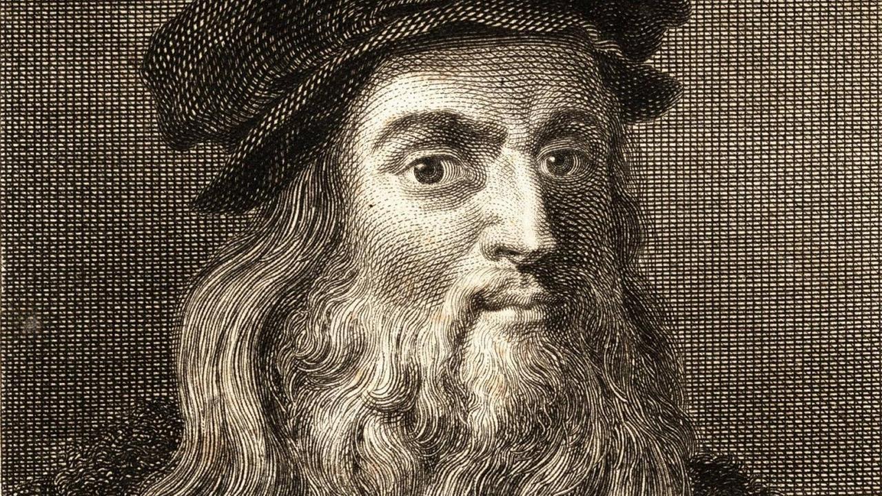 Ein Kupferstich zeigt eine Porträt von Leonardo da Vinci