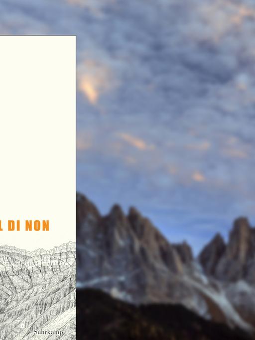 Im Vordergrund das Buchcover von Oswald Eggers "Val di Non", im Hintergrund Berge in Südtirol