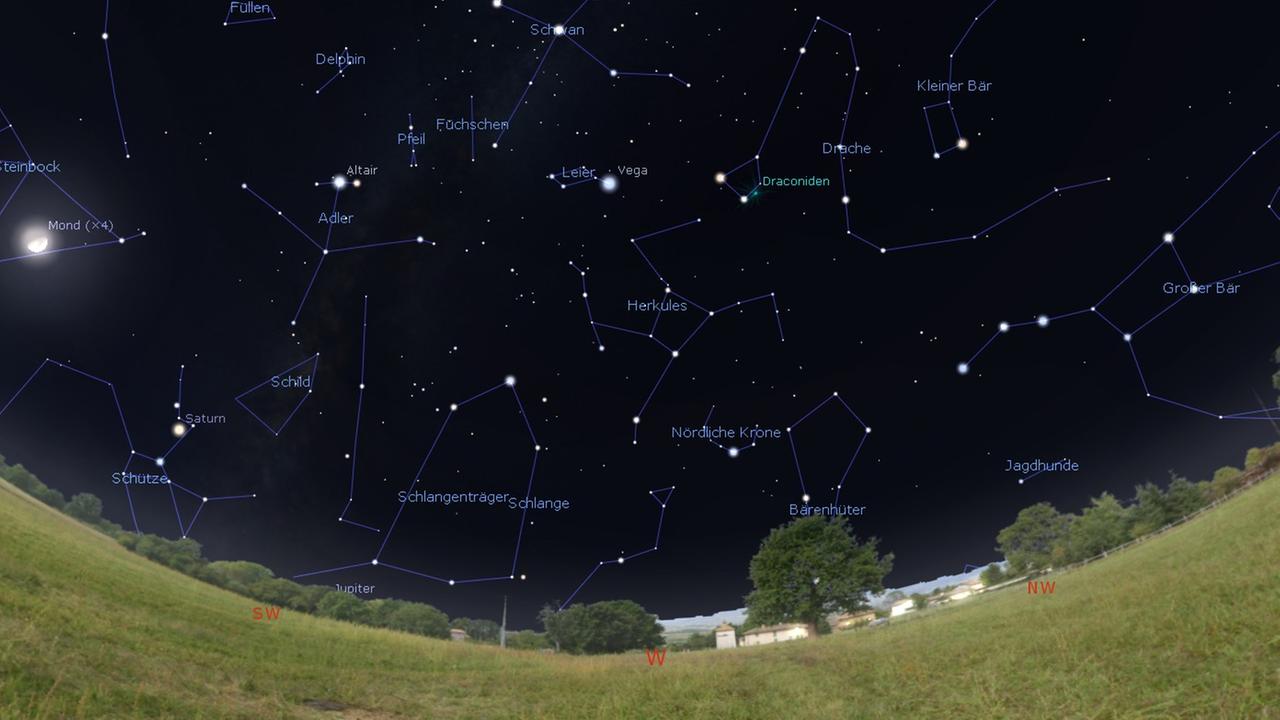 Die Sternschnuppen scheinen aus dem Kopf des Sternbilds Drache zu kommen, das abends am Nordwesthimmel steht 