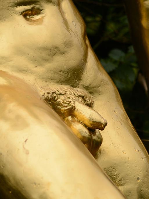 Ein männliches Geschlechtsteil ist am 13.07.2012 an einer goldenen Skulptur in den Herrenhäuser Gärten in Hannover zu sehen.