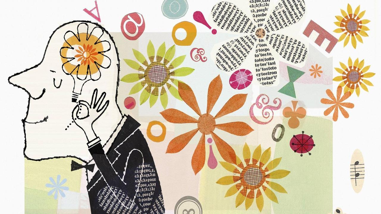 Collage eines glücklichen denkenden Mannes umgeben von Blumen