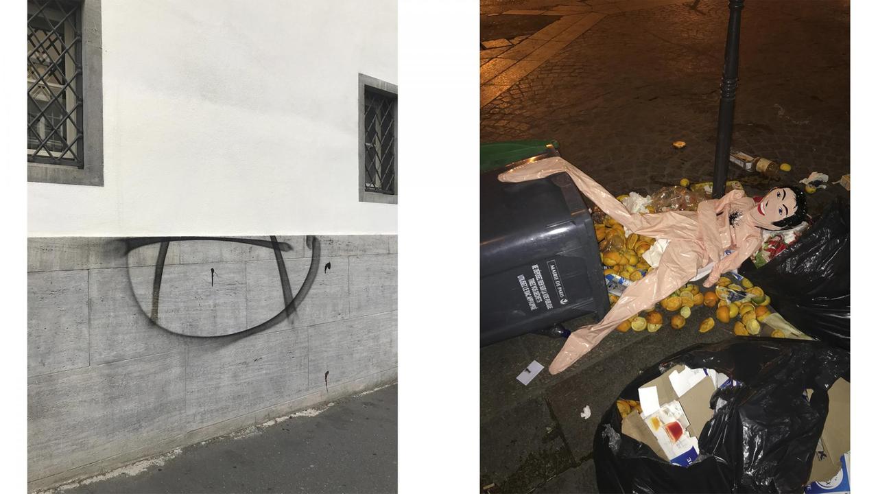 Auf dem linken Bild ist ein Anarchie-Zeichen zu sehen, welches halb übergestrichen wurde, auf dem rechten Bild eine weggeworfene Sexpuppe in mitten von umgekipptem Müll.
