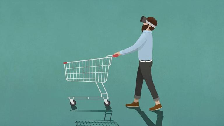 Eine Illustration zeigt einen Mann, der mit einer Virtual-Reality-Brille nach oben schaut, während er einen Einkaufswagen schiebt.