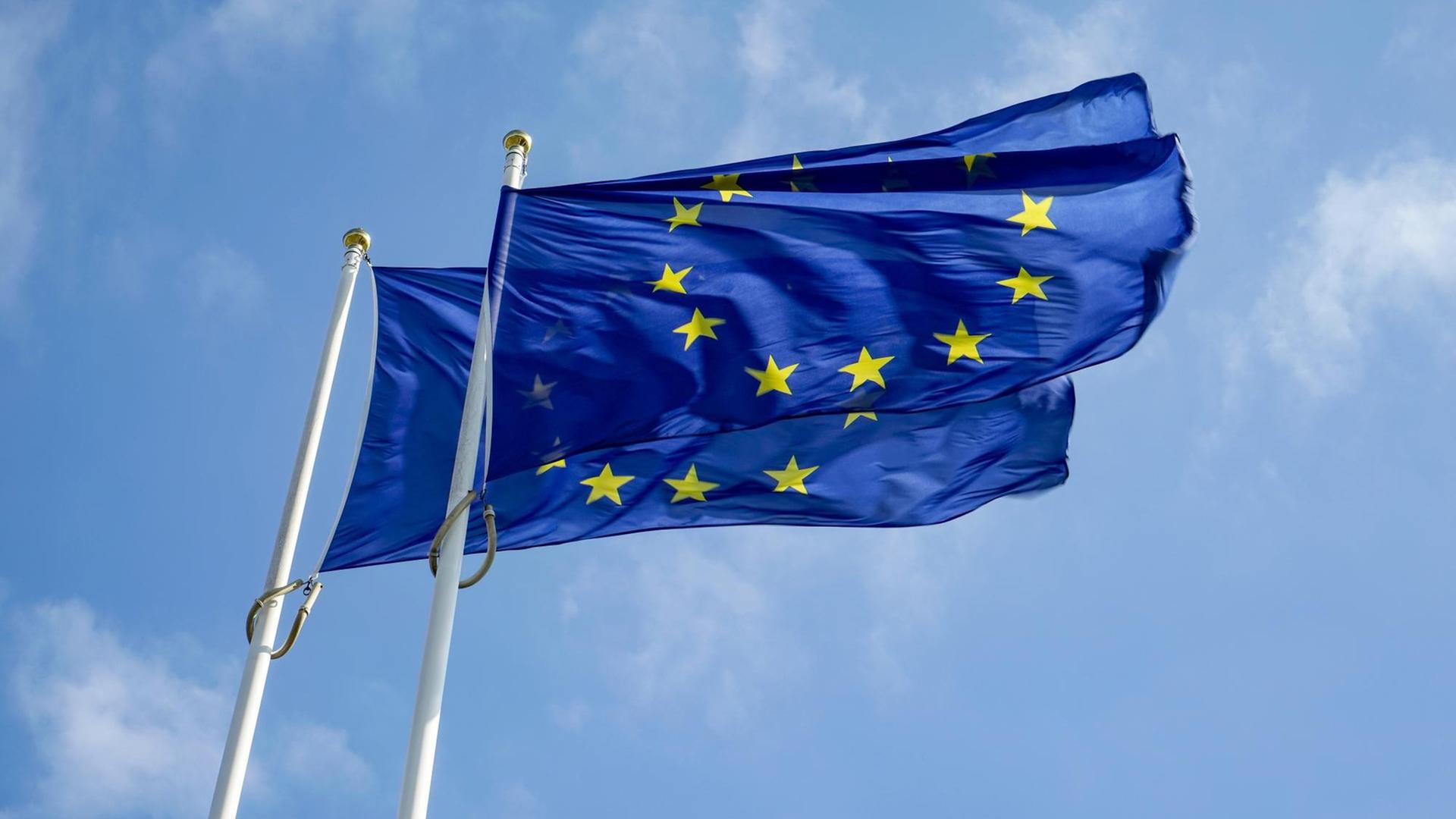 Das Bild zeigt zwei EU-Flaggen, die vor dem Parlament in Straßburg wehen.