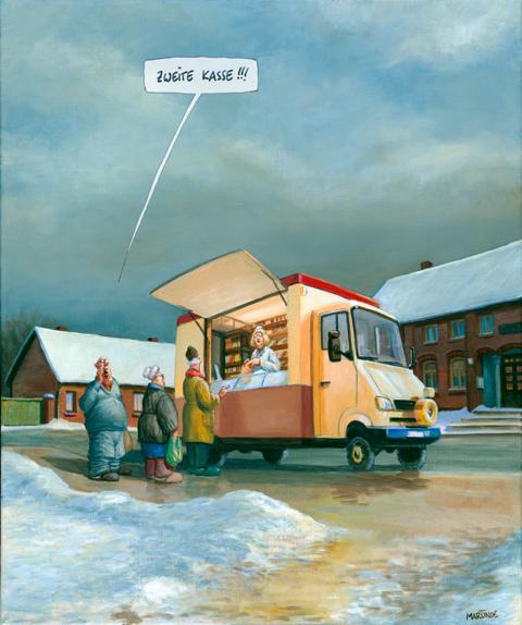 Eine Zeichnung zeigt einen Verkaufswagen in einer verschneiten Kleinstadt, an dem drei Menschen anstehen, der letzte in der Reihe ruft "Zweite Kasse!"