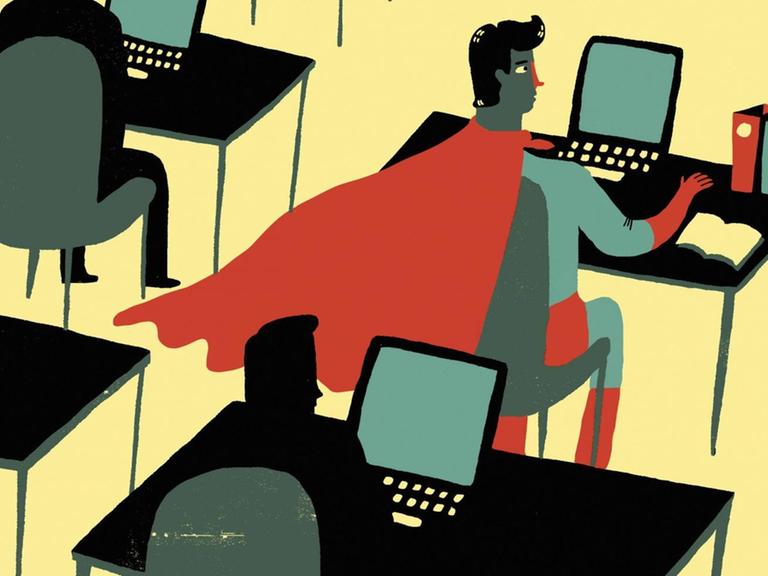 Illustration: Büro-Superheld sitzt an einem Schreibtisch im roten Umhang.