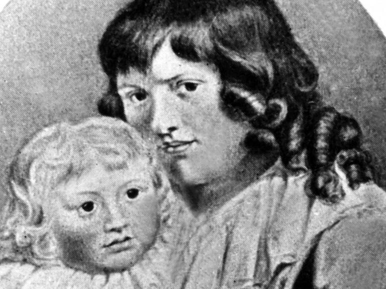 Christiane Vulpius, Frau von Johann Wolfgang Goethe, mit ihrem gemeinsamen Sohn August, zeitgenössisches Bildnis.