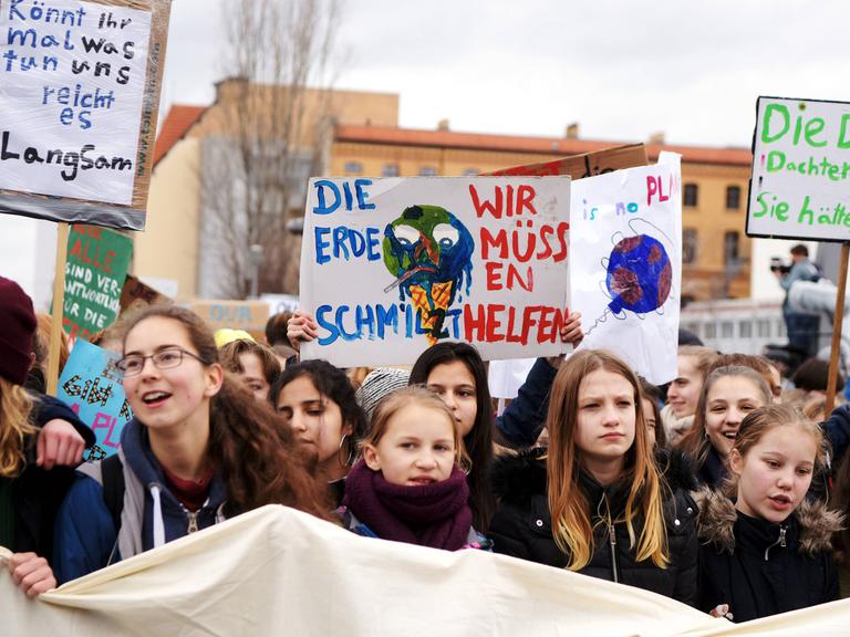 Eine Reihe Demonstrantinnen hält ein großes Banner und geht eine Straße entlang, sichtbar sind vor allem die Plakate, die sie in die Höhe halten. Unter anderem mit der Aufschrift "Die Erde schmilzt, wir müssen helfen".